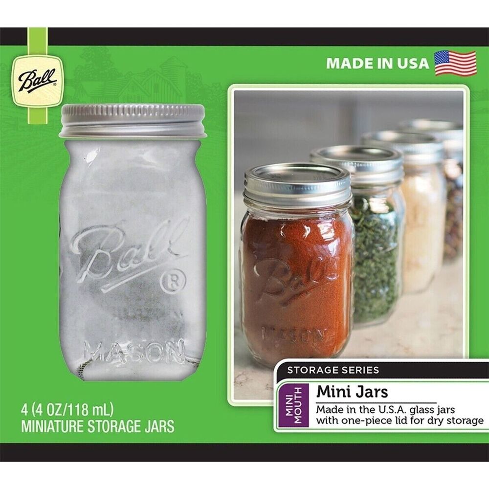 Ball Mini Mason Dry Storage Spice Jars 4pc Lids 4-oz Food Craft BPA Free NEW